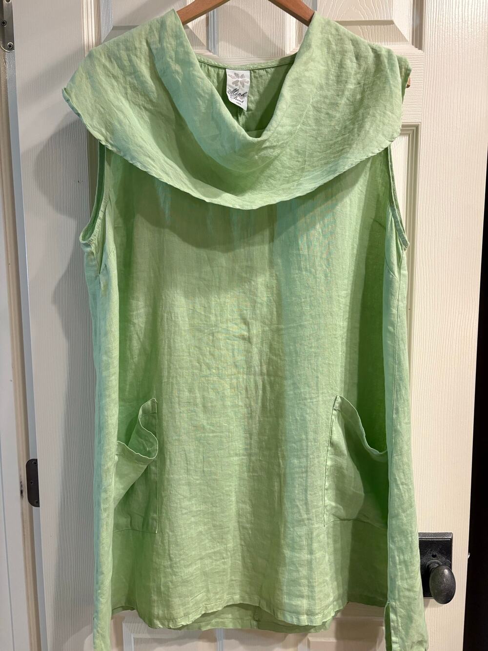 MATCH POINT USA Green Linen Cowl Neck Top Size 2X Lagenlook Summer Artsy Tunic